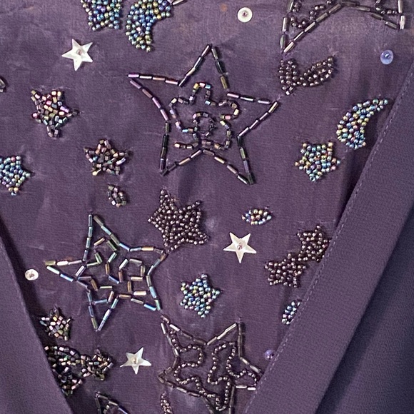 Witchy Woman Vintage Plum Eggplant Dress Beaded Stars 80s Ruched Draped Blouson - Picture 4 of 14